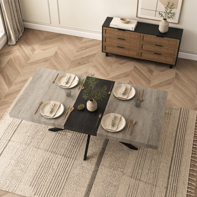 Table de salle à manger rectangulaire de 55,11 po à 70,86 po, plateau Carole gris avec plaque centrale embossée noire, table de salle à manger en fer fin noir avec base en fer fin et boîte de rangement.