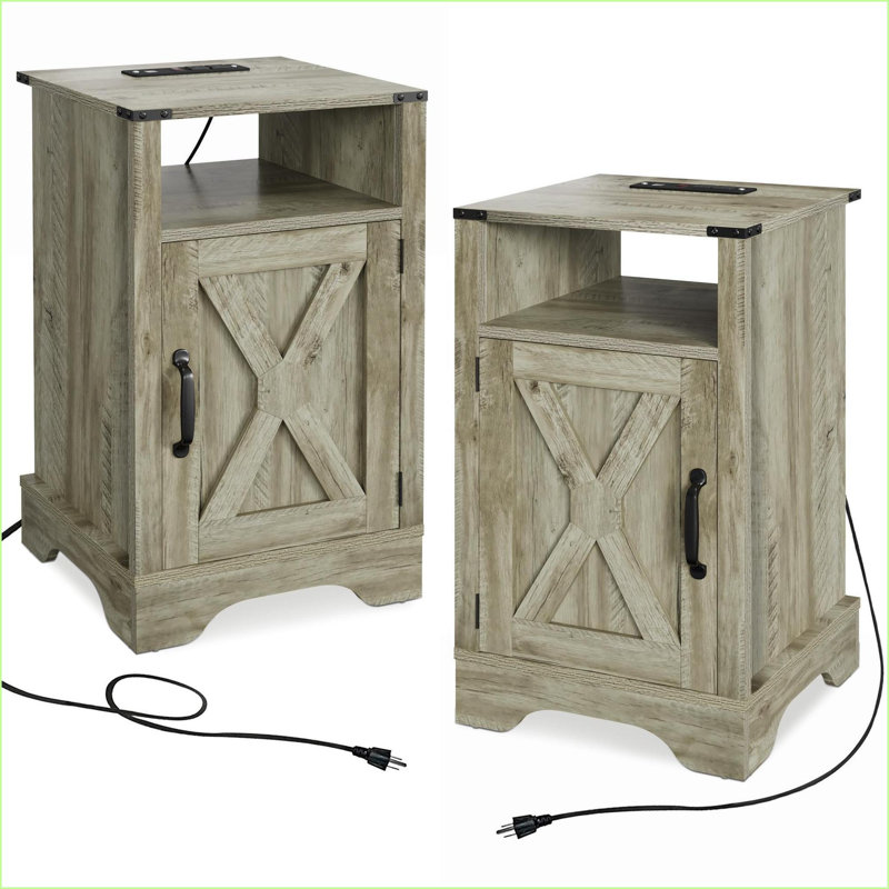 Farmhouse Rustic Nightstand with Charging Station, Light Gray (2 Sets), Light Gray