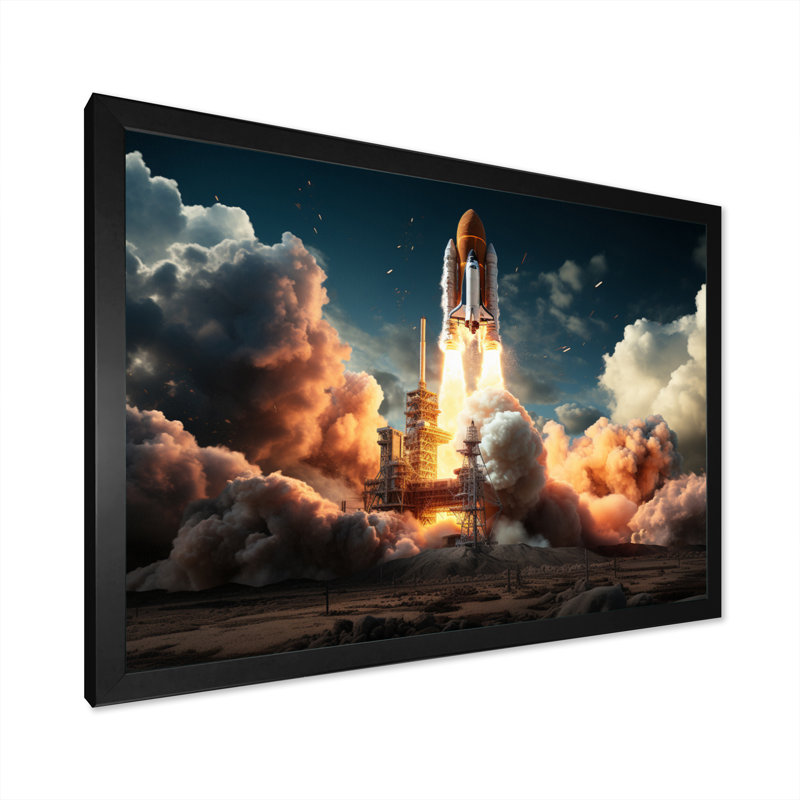 Lancement de fusée I sur toile, H 24 po x l 32 po x P 1 po, Cadre simple noir