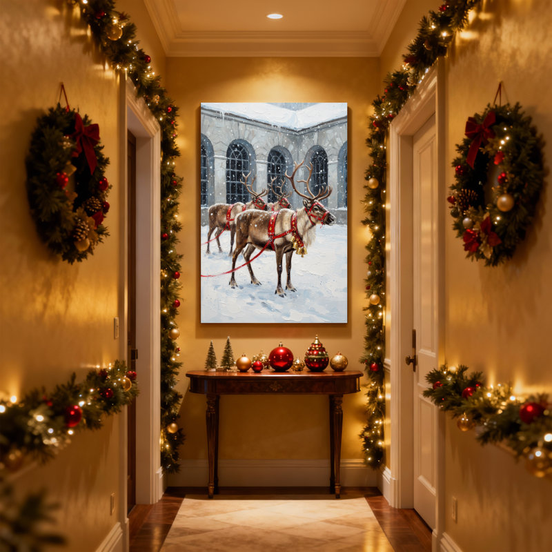 Renne de Noël dans une cour enneigée avec fond d'églises, ensemble de 3 impressions murales sur toile, H 18 po x l 12 po