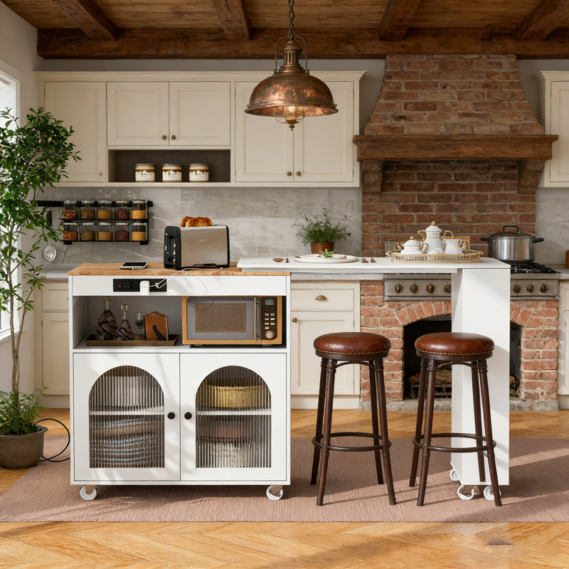 Rolling Kitchen Island with Extendable Table, LED Lighting, Power Outlets, and Fluted Glass Doors for Modern Kitchens., White