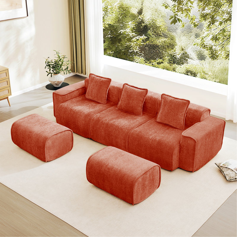 Canapé modulaire modulaire à 3 places, canapé avec coussins décoratifs et deux repose-pieds mobiles, Rouge