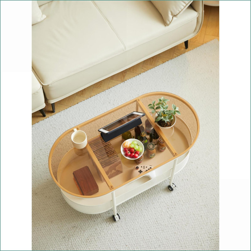 Ovale en métal Table basse brune en verre trempé avec rangement - 4 roulettes universelles pour faciliter le déplacement à l'intérieur