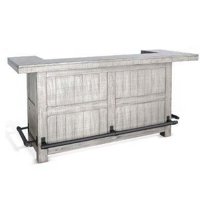 Zeka Freestanding Bar Table, Pull Out Tray, 80 Inch Top, Gray Wood