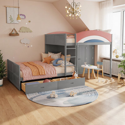 Bunk Bed With Wardrobe & Drawers, Upholstered Guardrail, Built-In Hanging Rod, Full Size