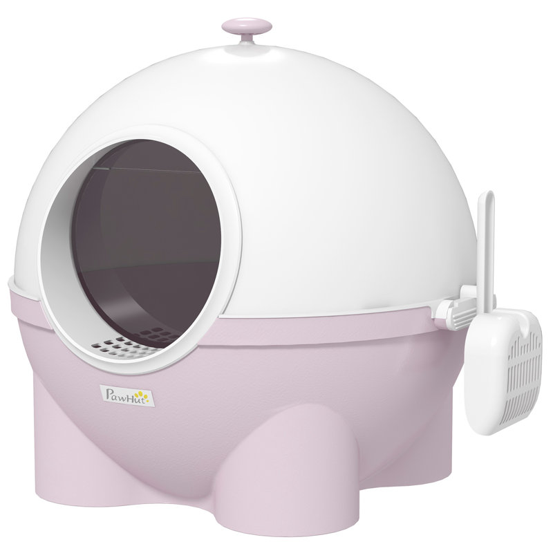 Large Pink and White Hooded Cat Litter Box with Scoop