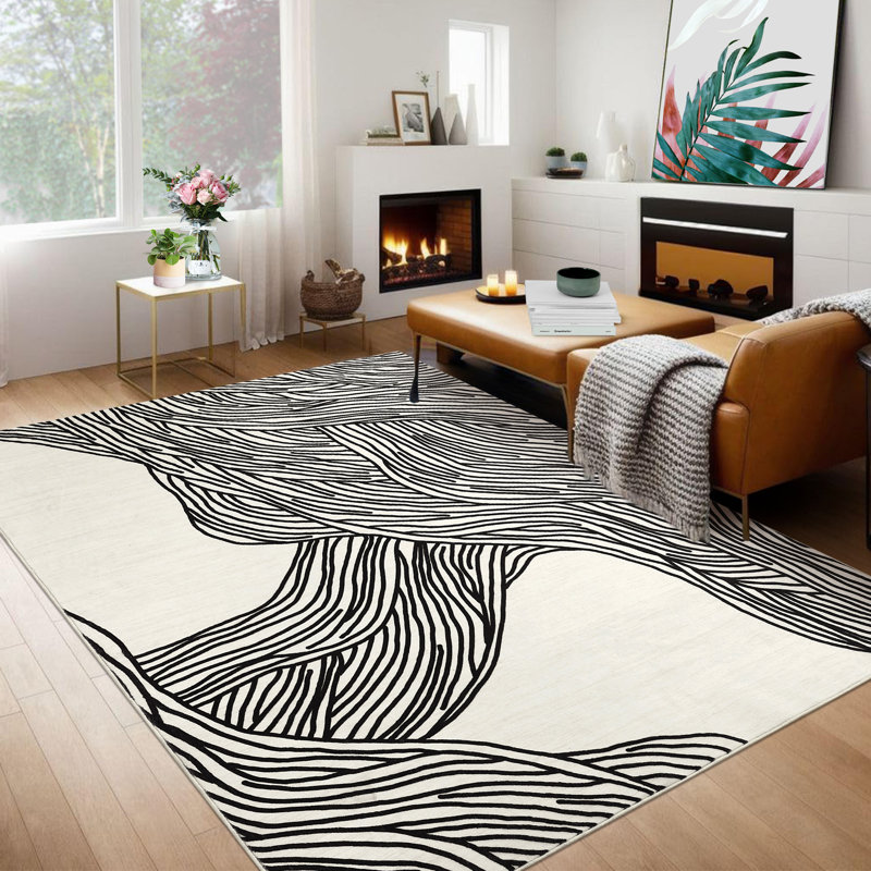 Washable Indoor Modern Abstract Area Rug Soft Low Pile Contemporary Throw Carpet Mat for Home Decor_White Black