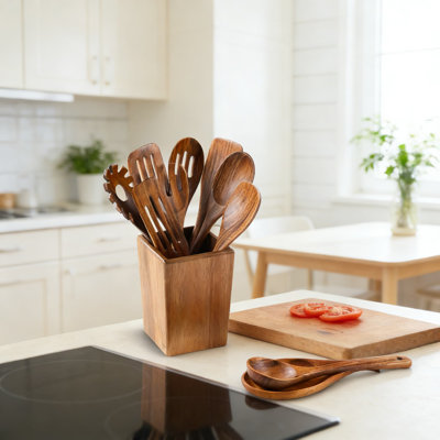 Ensemble d'ustensiles en bois d'acacia 11 pièces avec support - cuillères en bois naturel et ustensiles de cuisine pour une batterie de cuisine antiadhésive, une cuisson sécuritaire et un nettoyage facile