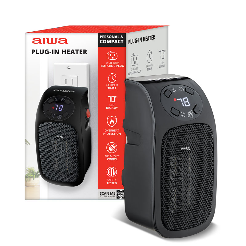 Outlet Plug-in Electric Space Heater, LCD Digital Screen, Up to 24 hour Timer - Black, Black