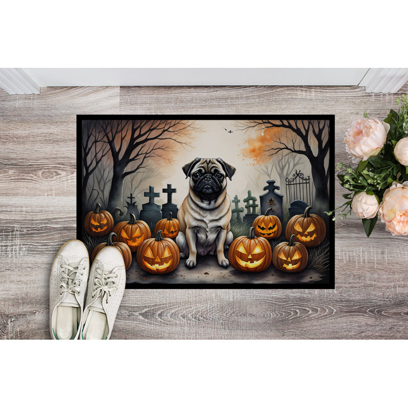 Fawn Pug Halloween Doormat with Pumpkins and Tombstones