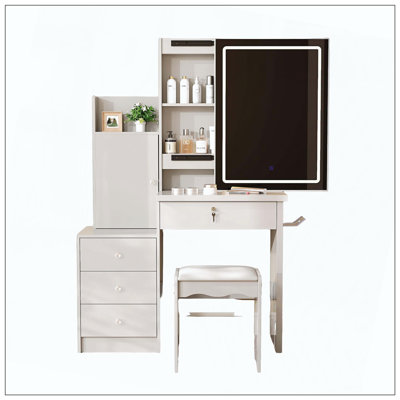 Lighted Mirror Vanity Desk 4 Drawers Storage Cushioned Stool