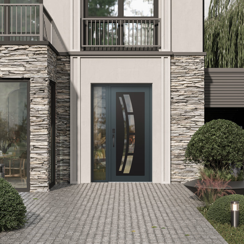 C12 droitier 48 po X 80 po Panneau d'entrée en verre anthracite et anthracite à panneau avec porte d'entrée pré-montée en verre transparent Sidelite