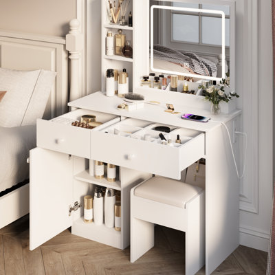 Vanity Desk With Lights And 3 Color Modes - Stylish, White Chic Mirror Abundant Space, 2 Drawers,