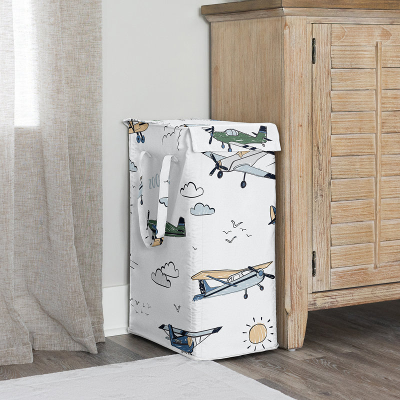 Airplane Green and Blue Foldable Laundry Hamper with Handles