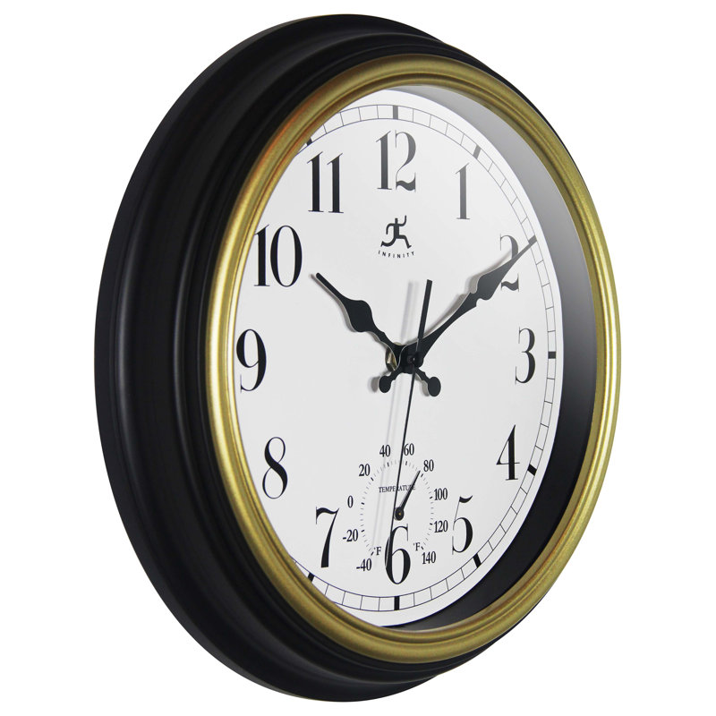 12-Inch Black and Gold Round Wall Clock with Thermometer
