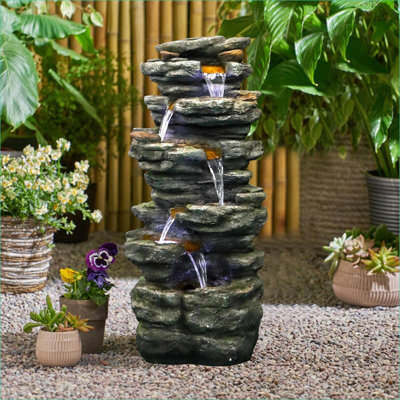 Fountains | 40" 6-Tier Cascading Outdoor Water Fountain with LED Lights, for Garden Patio Yard Deck | Grey|Resin