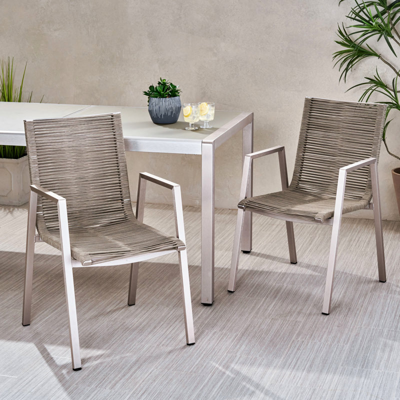 2 chaises de salle à manger en aluminium avec siège en corde taupe pour l'extérieur, teinte argentée, siège polyvalent de style 2 pour l'extérieur