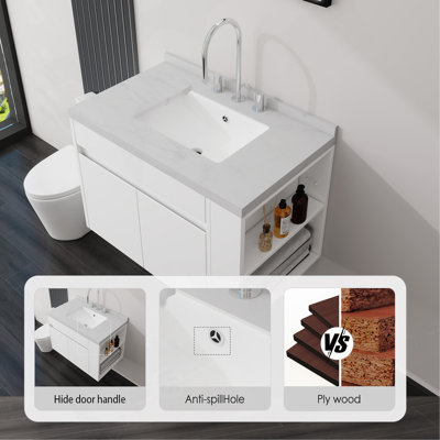 Meuble-lavabo flottant 36 po avec lavabo 36 po, porte à fermeture douce, comptoir et dosseret en marbre de culture blanc Carrara 2 po