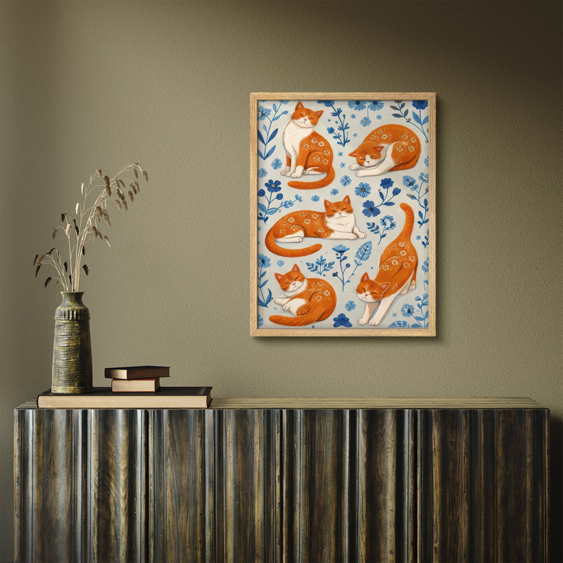 Orange Cat Pattern Floral Framed Wall Art Prints - Playful Animal Design for Kids Room, H 14 po x l 11 po, Naturel
