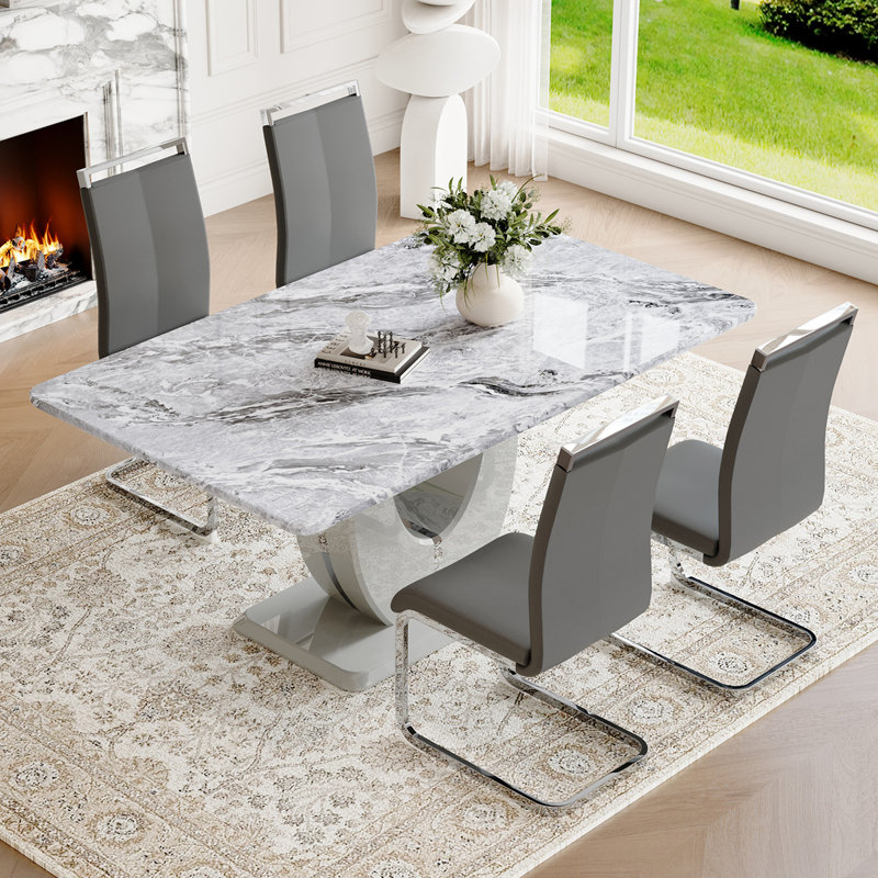  63" Faux Marble Dining Table Set for 4-6, Modern Rectangular Dining Table with Chairs, Kitchen & Dining Room Set with Upholstered Chairs