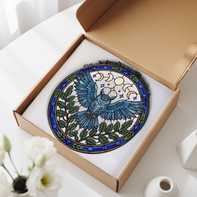 Owl Moon Stained Glass Window Panel，7.8H