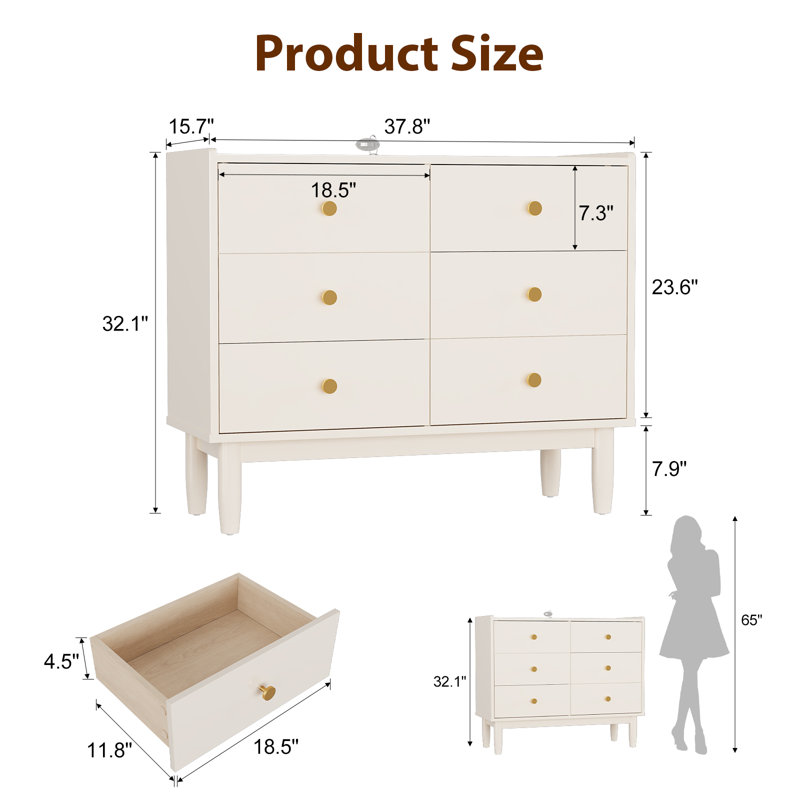 Six Drawer Solid Fir Wood Dresser with Large Storage Cabinet Mid Century Style Chest of Drawers for Bedroom Closet Living Room Kitchen Sideboard