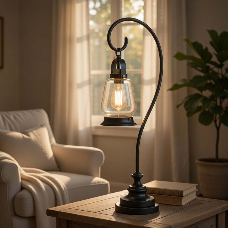 Lampe de table, style lanterne rétro, abat-jour en verre bullé, métal noir 32 po