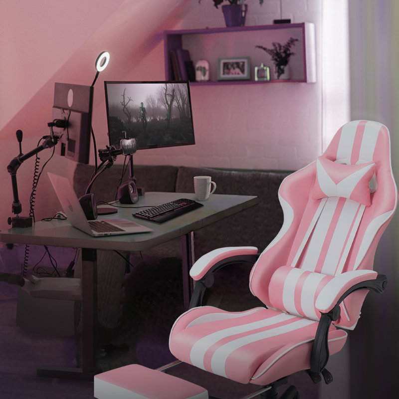 Soontrans Gaming Chair with Footrest High Back Computer Office Gamer Chair with Massage and Headrest Lumbar Support Swivel Seat Ergonomic Game Chair for Adults, Pink