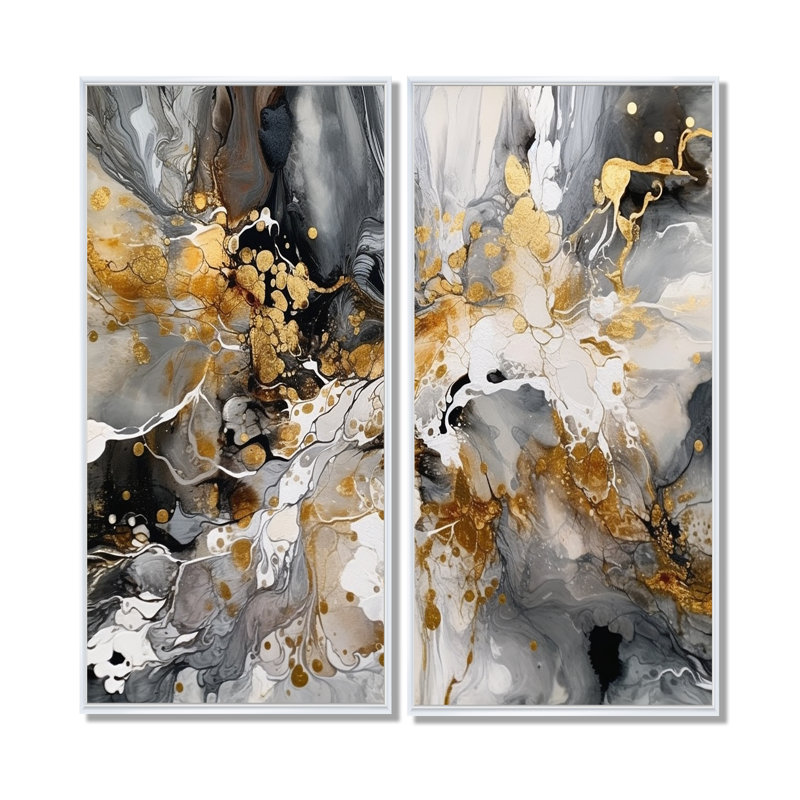 2 coups de pinceau délicats abstraits gris et or gris 3 pièces, 20'' H x 24'' W, Impression encadrée flottante, White