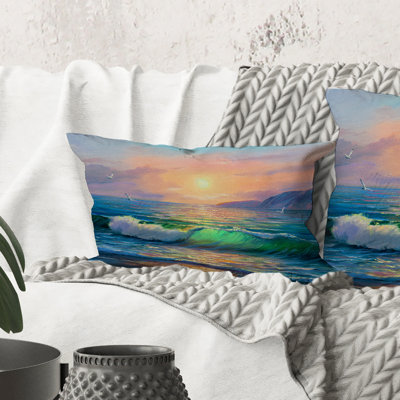 Rectangle, vagues bleues se brisant à la plage V - Coussin décoratif imprimé nautique et côtier