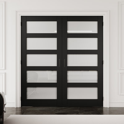 72" x 80" 5-Lite Black Frosted Glass Interior French Door with Black Hardware & Ball Catch & Handle, Privacy Glass Door Slab, Sound-Dampening & Waterproof, Suit for Laundry, Closet Doors, Room Doors, Assembly Required