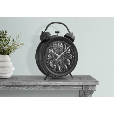 Liny Table Clock, Moving Gear Dial, 16 Inch Black Double Bell Vintage Look