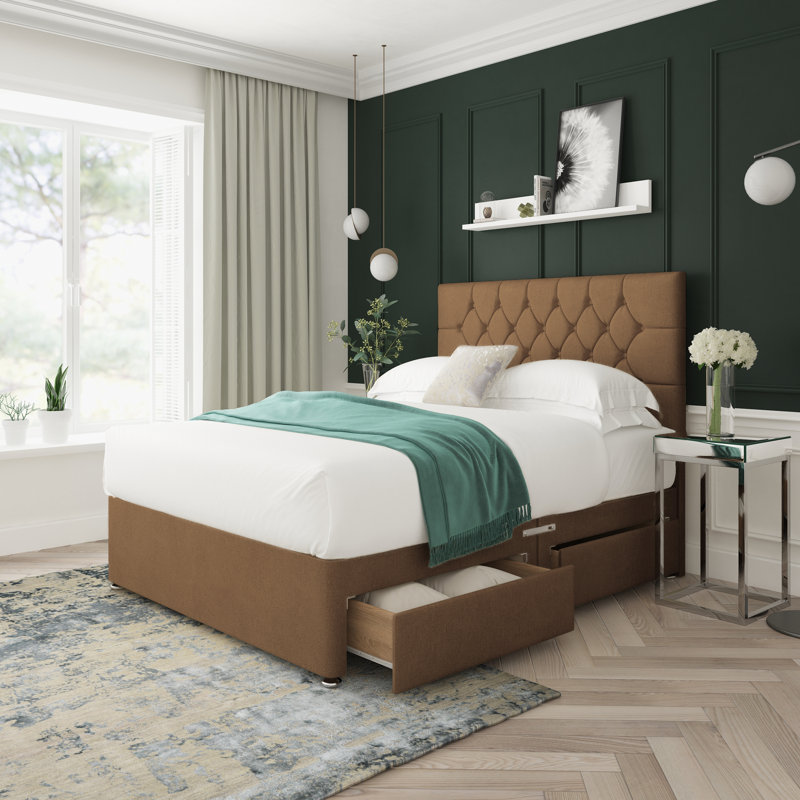 Upholstered Divan Bed, Single (3'), Mink, Left Side Drawers