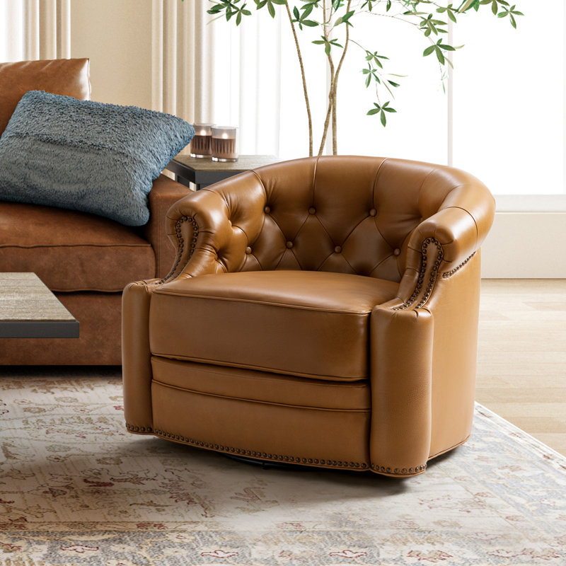 Toiya 31.5" Wide Genuine Leather Swivel Chair, Camel