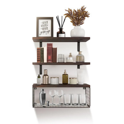 Tablettes flottantes 66 lb rustiques brunes, 3 tablettes + panier de rangement en fer résistant à la corrosion et à l'abrasion, 15,7 x 5,9 x 0,6 po, facile à installer, pour la salle de bain, le salon, la cuisine et le bureau