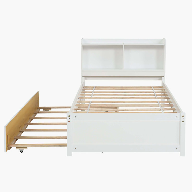 White Twin Size Bed With Bookcase & Trundle Unit, Twin, White