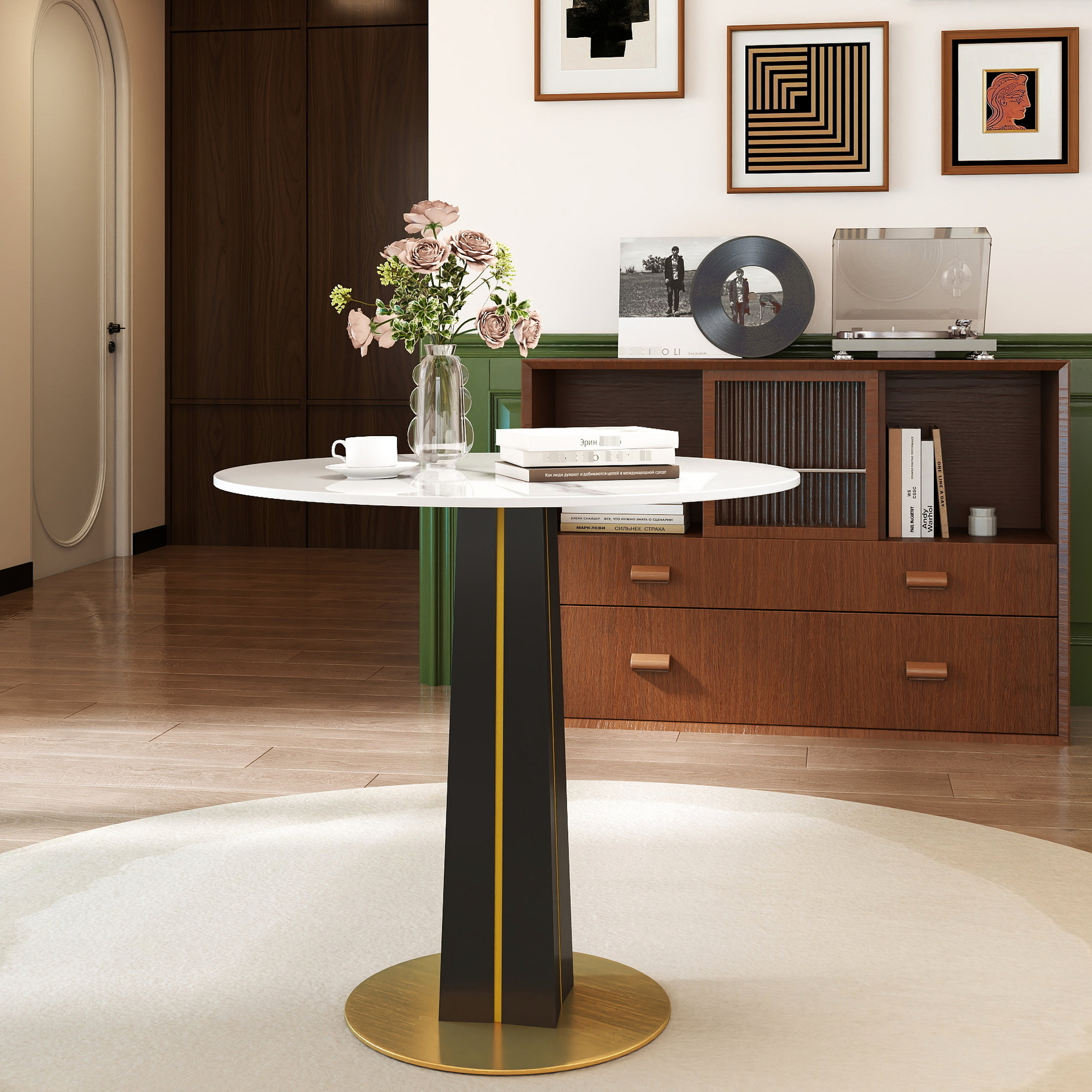 Mercer41 85cm White Sintered Stone Round Table With Black Wooden Legs ...