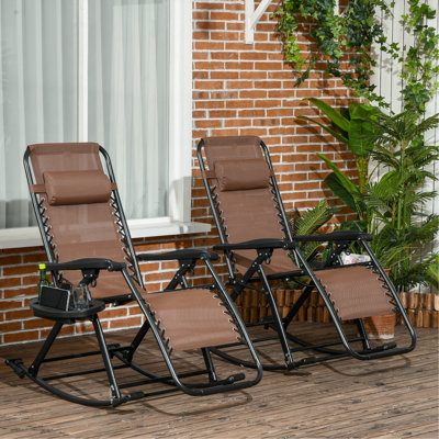 Outsunny Set Of 2 Outdoor Rocking Chairs, Foldable Reclining Zero Gravity Lounge Rocker With Pillow, Cup & Phone Holder, Combo Design With Folding Legs