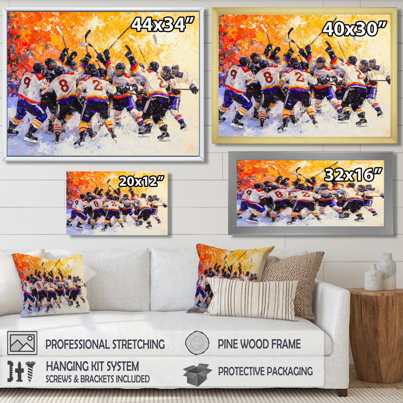 «Hockey Team Celebrates Win - Sport Hockey», reproduction d'art murale, Argent argent, H 34 po x l 44 po
