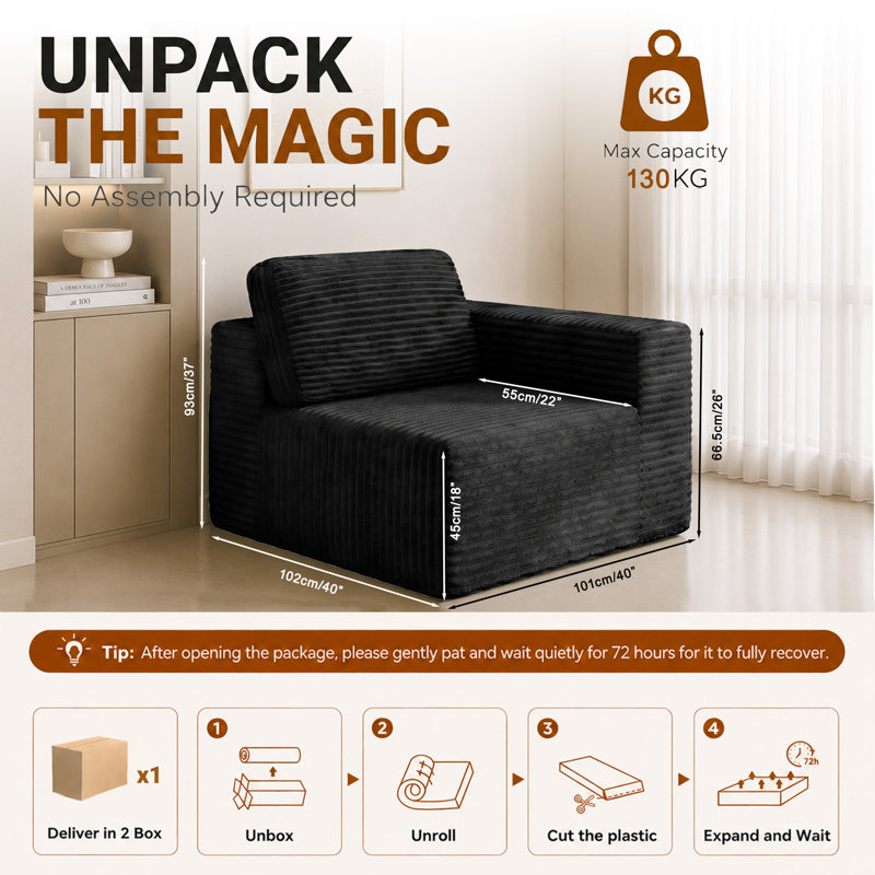 1 Seater Corduroy Sectional, Black