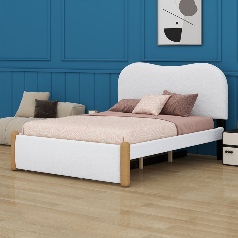 Upholstered Platform Bed With Wood Supporting Feet And  Trundle Bed