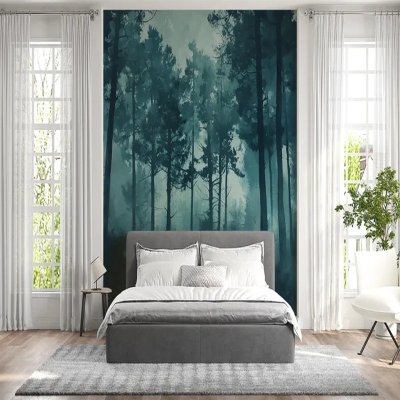 Deep Teal Misty Forest Landscape, 96" L x 108" W