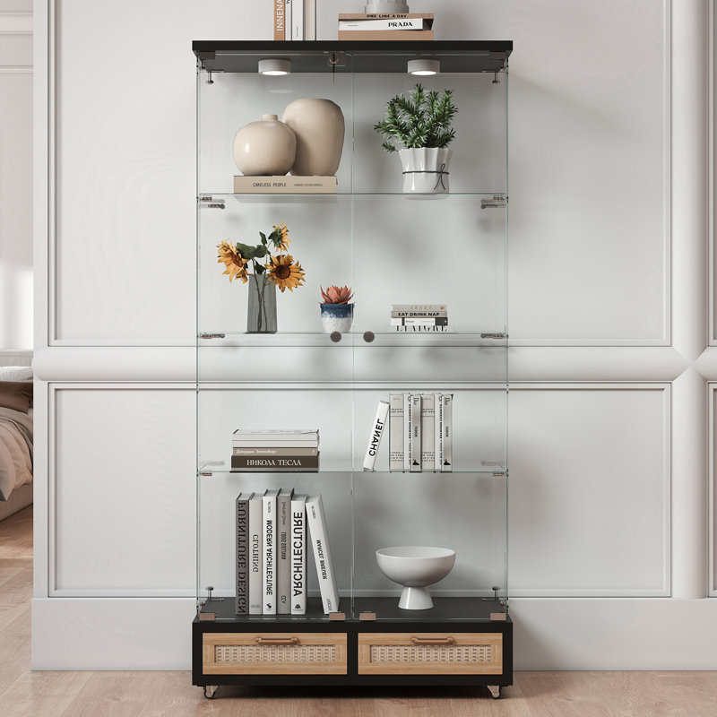 Vitrine moderne en verre avec grands tiroirs, Noir / brun