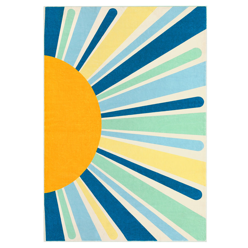 Rainbow Sun Round Rug Washable 4ft Non Slip Rug Cute Sun for Nursery Sofa Bedroom Mid Century Modern Circle Rugs for Playroom Kids Room Colorful Blue