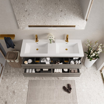 60" Wall-Mounted Bathroom Vanity with Double Sinks, Floating Bathroom Storage Cabinet with Stone Resin Countertop and Soft Close Drawers Ash Grey