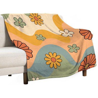 Jeté rétro floral, hippie rétro des années 70, motif de fleurs de marguerites, motif de fleurs de flanelle douces et douces pour canapé-lit