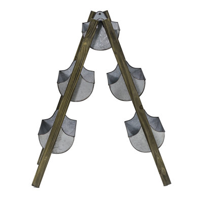 Foldable Planter 14.2" X 7.5" 70.9" - Vertical Container For Floral Beauties, Five Galvanized Buckets On Wood Structure, Silver Brown Color, Rustic Aesthetic, Outdoor Oriented And With Vibe Showcase