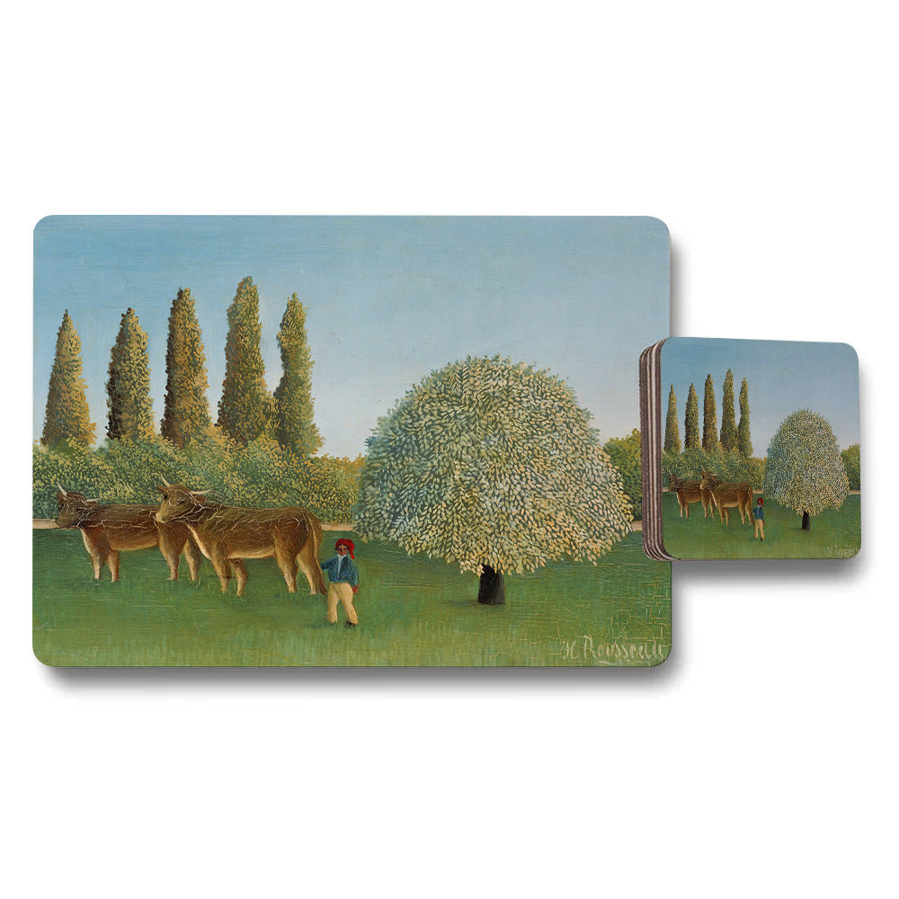 Pastoral Landscape Placemats And Coasters Set With Trees And Cows