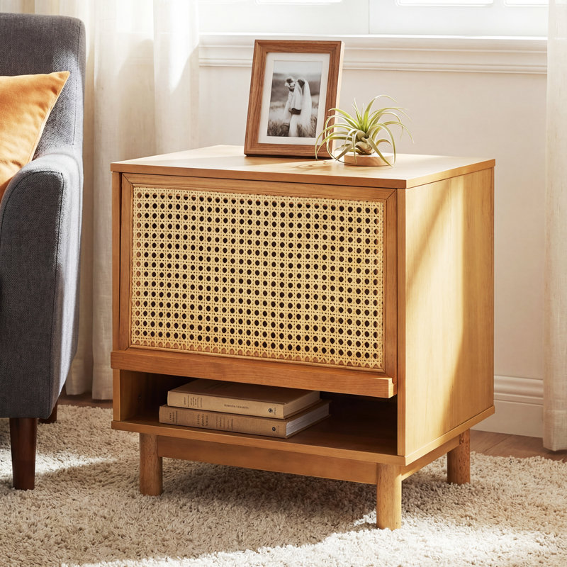 Table de chevet Mid-Century moderne en bois avec porte en rotin relevable et pieds en bois massif