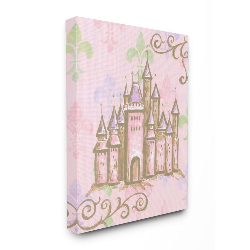 Château avec fleur de lis sur fond rose, Toile tendue, H 48 po x l 36 po